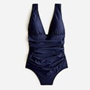 NWT Navy LONG-TORSO RUCHED V-NECK ONE-PIECE Swimsuit